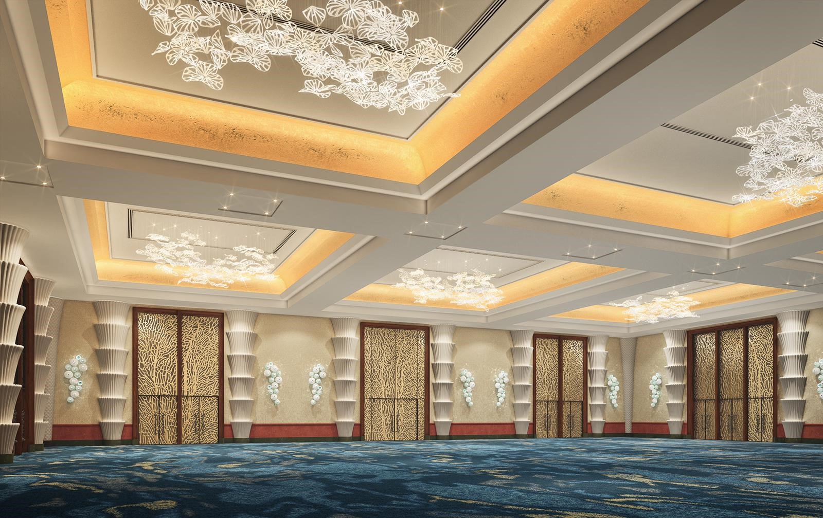 Interior of the Atlantis Ballroom with crystal chandeliers